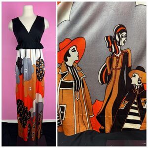 Vintage 1960s 60s Sleeveless Art Deco Women Novelty Print Maxi Dress by Mr Jac